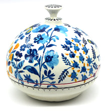 Load image into Gallery viewer, Large Paper Mache Gift Box Chapeau – Handmade Hand Painted Blue Florals Luxury Trinket Gift Box + Gold Foiled Wrapped Milk Chocolate Balls