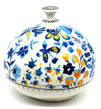 Load image into Gallery viewer, Large Paper Mache Gift Box Chapeau – Handmade Hand Painted Blue Florals Luxury Trinket Gift Box + Gold Foiled Wrapped Milk Chocolate Balls