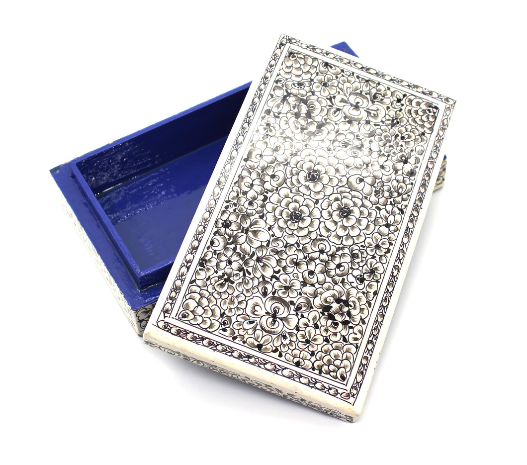 Kashmir Paper Mache Planus Black & Off White Trinket Gift Decorative Jewellery Box - ärtɘzɘn