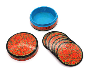 Paper Mache Round Coaster Set of 6 – Handmade Hand Painted Orange Coaster Box Set - ärtɘzɘn
