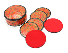 Load image into Gallery viewer, Paper Mache Round Coaster Set of 6 – Handmade Hand Painted Orange Coaster Box Set - ärtɘzɘn
