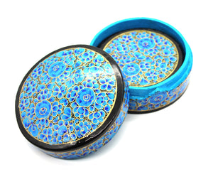 Paper Mache Round Coaster Set of 6 – Handmade Hand Painted Blue & Gold Coaster Box Set - ärtɘzɘn