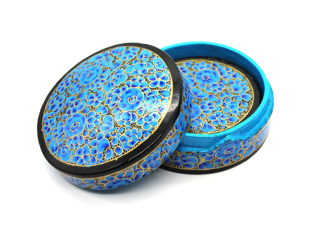 Paper Mache Round Coaster Set of 6 – Handmade Hand Painted Blue & Gold Coaster Box Set - ärtɘzɘn
