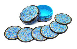 Paper Mache Round Coaster Set of 6 – Handmade Hand Painted Blue & Gold Coaster Box Set - ärtɘzɘn