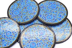 Paper Mache Round Coaster Set of 6 – Handmade Hand Painted Blue & Gold Coaster Box Set - ärtɘzɘn