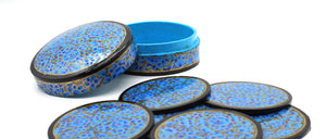 Paper Mache Round Coaster Set of 6 – Handmade Hand Painted Blue & Gold Coaster Box Set - ärtɘzɘn