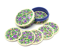 Load image into Gallery viewer, Paper Mache Round Coaster Set of 6 – Handmade Hand Painted Purple &amp; Green Coaster Box Set - ärtɘzɘn
