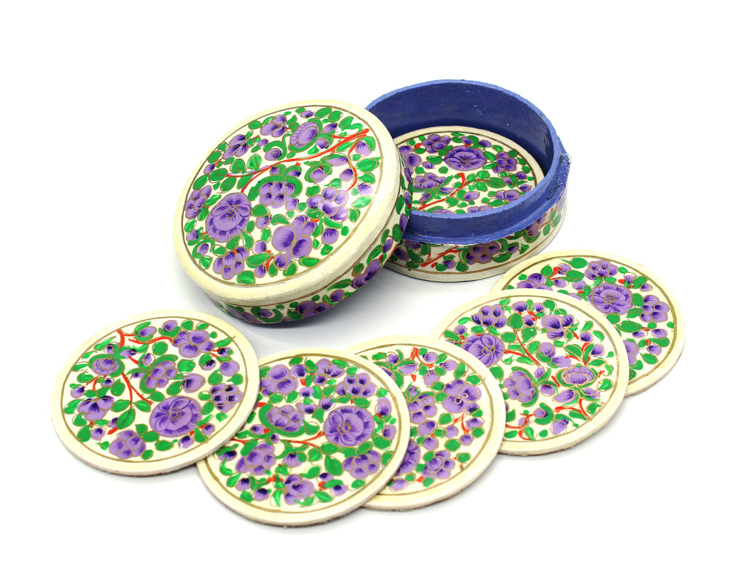 Paper Mache Round Coaster Set of 6 – Handmade Hand Painted Purple & Green Coaster Box Set - ärtɘzɘn