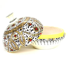 Load image into Gallery viewer, Large Paper Mache Gift Box Chapeau – Handmade Hand Painted Paisley Gold, White &amp; Black Luxury Trinket Gift Box
