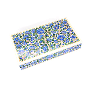 Paper Mache Planus Handmade Hand Painted Blue Floral Trinket Gifting Decorative Jewellery Box + Gold Foiled Wrapped Milk Chocolate Balls