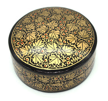 Load image into Gallery viewer, Paper Mache Round Coaster Set of 6 – Handmade Hand Painted Black &amp; Gold Coaster Box Set - ärtɘzɘn
