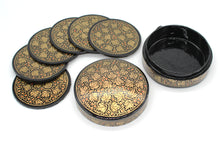Load image into Gallery viewer, Paper Mache Round Coaster Set of 6 – Handmade Hand Painted Black &amp; Gold Coaster Box Set - ärtɘzɘn
