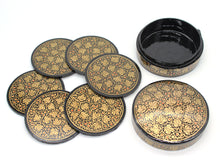 Load image into Gallery viewer, Paper Mache Round Coaster Set of 6 – Handmade Hand Painted Black &amp; Gold Coaster Box Set - ärtɘzɘn
