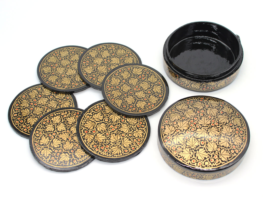 Paper Mache Round Coaster Set of 6 – Handmade Hand Painted Black & Gold Coaster Box Set - ärtɘzɘn