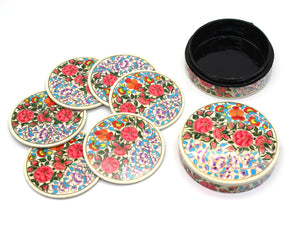Paper Mache Round Coaster Set of 6 – Handmade Hand Painted Floral Coaster Box Set - ärtɘzɘn