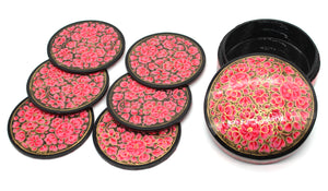 Paper Mache Round Coaster Set of 6 – Handmade Hand Painted Pink Coaster Box Set - ärtɘzɘn