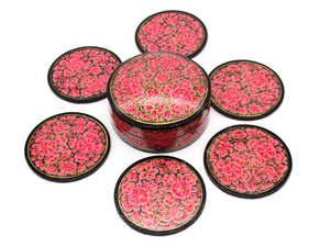 Paper Mache Round Coaster Set of 6 – Handmade Hand Painted Pink Coaster Box Set - ärtɘzɘn