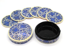 Load image into Gallery viewer, Paper Mache Round Coaster Set of 6 – Handmade Hand Painted Blue &amp; White Coaster Box Set - ärtɘzɘn
