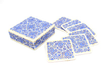 Load image into Gallery viewer, Paper Mache Square Coaster Set of 6 – Handmade Hand Painted Blue &amp; White Coaster Box Set - ärtɘzɘn
