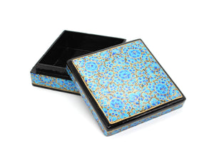 Paper Mache Square Coaster Set of 6 – Handmade Hand Painted Blue & Gold Coaster Box Set - ärtɘzɘn
