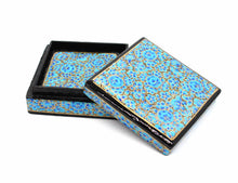 Load image into Gallery viewer, Paper Mache Square Coaster Set of 6 – Handmade Hand Painted Blue &amp; Gold Coaster Box Set - ärtɘzɘn
