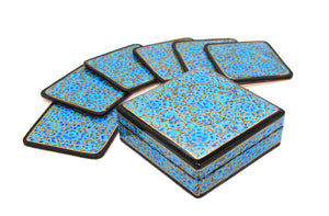 Paper Mache Square Coaster Set of 6 – Handmade Hand Painted Blue & Gold Coaster Box Set - ärtɘzɘn