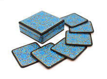 Load image into Gallery viewer, Paper Mache Square Coaster Set of 6 – Handmade Hand Painted Blue &amp; Gold Coaster Box Set - ärtɘzɘn
