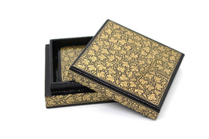 Paper Mache Square Coaster Set of 6 – Handmade Hand Painted Black & Gold Coaster Box Set - ärtɘzɘn