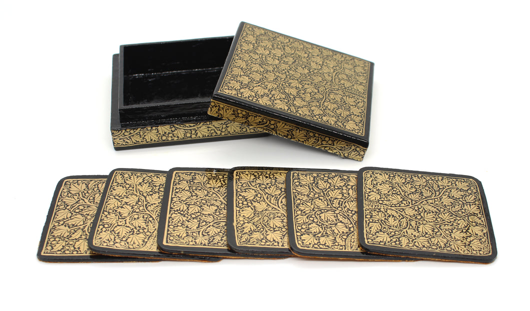 Paper Mache Square Coaster Set of 6 – Handmade Hand Painted Black & Gold Coaster Box Set - ärtɘzɘn